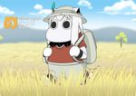  backpack bag blue_sky character_name cloud collar comic commentary cosplay day grass hat hat_feather helmet horns japari_symbol kaban_(kemono_friends) kaban_(kemono_friends)_(cosplay) kantai_collection kemono_friends long_hair moomin mountain muppo northern_ocean_hime outdoors pants pith_helmet pun red_shirt sazanami_konami shinkaisei-kan shirt short_sleeves sidelocks sky solo t-shirt tail translated tree white_hair 