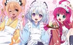  3girls :d ;d ahoge apron arm_up black_legwear blue_eyes blue_kimono braid brown_eyes brown_hair brown_kimono dango dr._mirio food frilled_kimono frills highres japanese_clothes kimono kneehighs long_hair maid_apron maid_headdress multiple_girls oizumi one_eye_closed open_mouth purima purple_eyes red_hair sanshoku_dango silver_hair smile touyama_maki twintails very_long_hair wa_maid wagashi white_apron yellow_kimono 