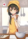  absurdres alternate_hairstyle apron baking_sheet black_hair blush bow bowl cooking eyebrows_visible_through_hair hair_bow heart highres kantai_collection ladle licking licking_lips long_hair looking_at_viewer low-tied_long_hair mixing_bowl remodel_(kantai_collection) shun_(syun_y1117) smile solo spatula thought_bubble tongue tongue_out tray twitter_username white_bow yellow_eyes zuikaku_(kantai_collection) 