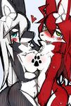  2girsl artist_request blue_eyes breasts dog furry green_eyes long_hair nipple_censor paw_censor red_hair white_hair 