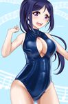 beamed_eighth_notes blue_hair blue_swimsuit breasts character_name cleavage cleavage_cutout cowboy_shot eighth_note front_zipper_swimsuit highres large_breasts long_hair love_live! love_live!_sunshine!! matsuura_kanan md5_mismatch meme_attire minase_(takaoka_nanase) musical_note one-piece_swimsuit open_mouth ponytail purple_eyes quarter_note shiny shiny_clothes solo swimsuit upper_teeth 