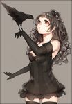  ayatoki-1 bird black_hair crow curly_hair dress hair_ornament highres long_hair original red_eyes revision short_dress standing thighhighs 