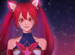  1girl alternate_hair_color alternate_hairstyle jinx_(league_of_legends) league_of_legends lipstick long_hair magical_girl red_hair star_guardian_jinx tied_hair twintails very_long_hair 