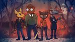  2017 alligator angus_(nitw) ankh anthro baseball_bat bea_(nitw) bear canine cat clothed clothing crocodilian crossbow digital_media_(artwork) eyewear feline female firequill fox glasses gregg_(nitw) group hat mae_(nitw) male mammal necktie night_in_the_woods outside ranged_weapon reptile scalie smoke smoking standing sweater tree weapon 