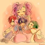  2boys 2girls blue_eyes blue_hair blush dress eyes_closed farah_oersted green_hair keele_zeibel long_hair meredy multiple_boys multiple_girls open_mouth pants ponytail purple_hair red_hair rid_hershel shoes short_hair tales_of_(series) tales_of_eternia twintails 