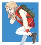  1girl backpack bag black_footwear blonde_hair blue_background blue_eyes casual commentary cross-laced_footwear eyebrows_visible_through_hair girls_und_panzer grey_shirt hair_intakes hood hoodie jacket kay_(girls_und_panzer) leaning_forward leg_up letterman_jacket long_hair long_sleeves miniskirt mutsu_(layergreen) open_clothes open_jacket open_mouth outside_border pleated_skirt red_jacket red_skirt shirt shoes skirt smile sneakers solo standing standing_on_one_leg thighhighs white_legwear 