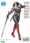  armor artist_name asymmetrical_clothes black_eyes black_hair boots breasts character_name collarbone copyright_name dc_comics full_body gauntlets highres katana_(dc) knee_boots kotobukiya_bishoujo looking_to_the_side mask medium_breasts red_footwear sheath solo superhero sword tatsu_yamashiro weapon yamashita_shun'ya 