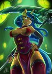  2017 anthro armwear blue_hair breasts cleavage clothed clothing elbow_gloves equine eye_view eyewear fan_character fangs female glasses gloves hair hi_res horn light262 looking_at_viewer mammal my_little_pony scyth solo succubus unicorn worm&#039;s 