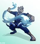  2016 4_fingers 4_toes anthro avatar:_the_last_airbender barefoot biped claws clothed clothing digital_media_(artwork) eyebrows front_view full-length_portrait fully_clothed fur grey_claws grey_fur grey_nose grey_tail head_tuft hi_res looking_away magic magic_user male mammal mustelid nowandlater otter portrait pose shadow signature simple_background smile smirk solo toe_claws toes water waterbending webbed_feet webbed_hands whiskers white_background yellow_eyes 