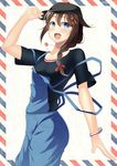  :d adjusting_clothes adjusting_hat alternate_costume bad_id bad_pixiv_id baseball_cap blue_eyes blush bracelet braid breasts brown_hair hair_between_eyes hair_flaps hair_ornament hair_over_shoulder hair_ribbon hat jewelry kankitsunabe_(citrus) kantai_collection long_hair medium_breasts necklace open_mouth overalls remodel_(kantai_collection) ribbon shigure_(kantai_collection) single_braid smile solo 