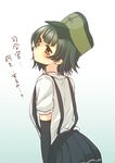  arare_(kantai_collection) arm_warmers black_hair bob_cut brown_eyes commentary_request hakua_ryouya hat kantai_collection looking_at_viewer looking_back shirt short_hair skirt suspender_skirt suspenders translated white_shirt 