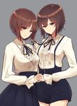  2girls :o alternate_costume black_ribbon black_shorts black_skirt blush breasts brown_eyes brown_hair buttons center_frills closed_mouth cowboy_shot eyebrows_visible_through_hair girls_und_panzer grey_background hand_on_another's_back head_tilt high-waist_skirt holding_hands interlocked_fingers long_sleeves looking_at_viewer medium_breasts meme_attire multiple_girls nishizumi_maho nishizumi_miho parted_lips ribbon shirt short_hair shorts siblings simple_background sisters skirt smile standing suspenders virgin_killer_outfit white_shirt wing_collar 