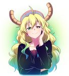  ahoge alternate_costume baseball_cap black_shirt blonde_hair blue_eyes breasts clenched_hand collarbone dragon_girl dragon_horns eyebrows eyebrows_visible_through_hair eyelashes gradient_hair green_eyes green_hair hair_between_eyes hand_on_own_face hand_up hat heterochromia horns huge_breasts kobayashi-san_chi_no_maidragon long_hair long_sleeves looking_at_viewer multicolored multicolored_background multicolored_hair nightea pink_hat quetzalcoatl_(maidragon) shirt sidelocks simple_background smile solo tsurime twitter_username two-tone_background upper_body wavy_hair white_background yellow_pupils 