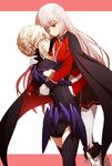  artoria_pendragon_(all) artoria_pendragon_(lancer_alter) bandage_over_one_eye belt black_legwear black_skirt blonde_hair blush boots breasts cape face-to-face fate/grand_order fate_(series) florence_nightingale_(fate/grand_order) flower gloves grey_legwear hug leotard long_hair long_sleeves looking_at_another medium_breasts military military_uniform multiple_girls oiun pantyhose pink_hair red_eyes ribbed_legwear ribbed_leotard sidelocks skirt thighhighs underboob uniform very_long_hair white_footwear white_gloves yellow_eyes yuri 