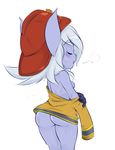  1girl ass back bandlebro bare_shoulders blue_skin blush bottomless breasts eyes_closed hat league_of_legends long_sleeves nipples no_bra open_mouth pointy_ears shirt simple_background solo sweat tristana undressing white_background white_hair yordle 