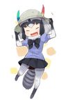  ^_^ ^o^ animal_ears black_bow black_hair black_neckwear black_shirt blush_stickers borrowed_garments bow bowtie closed_eyes commentary common_raccoon_(kemono_friends) denchuubou full_body fur_collar gradient_hair green_hair hand_on_headwear happy hat hat_feather kemono_friends multicolored_hair open_mouth pantyhose pleated_skirt puffy_short_sleeves puffy_sleeves raccoon_ears raccoon_tail shirt short_hair short_sleeves simple_background skirt smile solo tail two-tone_hair white_background |d 