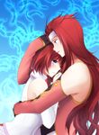  1boy 1girl bare_shoulders blue_background blue_eyes blush brother_and_sister detached_sleeves elbow_gloves feathers gloves headband hug jacket long_hair open_mouth pants red_hair seles_wilder short_hair skirt tales_of_(series) tales_of_symphonia tears zelos_wilder 