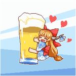  :d ^_^ alcohol beer blue_background blue_bow blue_kimono blush bow closed_eyes commentary_request cup drinking_glass fang froth hair_bow heart horn_bow horns ibuki_suika japanese_clothes kimono kumamoto_(bbtonhk2) long_hair low_ponytail lowres object_hug open_mouth orange_hair pixel_art red_bow red_sash sash smile solo touhou very_long_hair wave_print wide_sleeves 