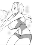  bad_id bad_pixiv_id bare_shoulders blush breasts girls_und_panzer greyscale hair_pulled_back hairband highres impossible_clothes impossible_shirt large_breasts long_hair low_ponytail monochrome sasaki_akebi shiny shiny_hair shirt shorts smile solo sportswear try volleyball volleyball_uniform 
