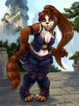  2014 blue_eyes breasts brown_hair cleavage clothed clothing detailed_background female hair looking_at_viewer pandaren ponytail signature solo unknown_artist video_games warcraft 