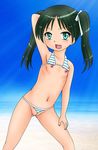  1girl armpits atp bare_arms bare_shoulders bikini fang female francesca_lucchini gluteal_fold green_eyes hair_ribbon hand_on_thigh looking_at_viewer micro_bikini navel nipples open_mouth ribbon solo stomach strike_witches strike_witches_series striped striped_bikini swimsuit twintails 