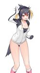  :d black_hair blonde_hair boots breasts cleavage headphones kemono_friends long_hair looking_at_viewer medium_breasts multicolored_hair open_mouth red_hair rockhopper_penguin_(kemono_friends) short_hair smile solo tokki 