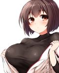 black_shirt blush breasts brown_eyes brown_hair closed_mouth don_(29219) expressionless hyuuga_(kantai_collection) japanese_clothes kantai_collection large_breasts long_sleeves nontraditional_miko shirt short_hair simple_background solo undershirt white_background 