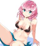  arm_support bangs black_bikini_top blush breasts closed_mouth collarbone commentary_request eyebrows_visible_through_hair hair_between_eyes large_breasts looking_at_viewer navel original pink_hair rinaka_moruchi sarong sitting smile solo stomach 