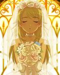  annindoufu_(oicon) blonde_hair bouquet bridal_veil church closed_eyes dress flower hair_flower hair_ornament hoshii_miki idolmaster idolmaster_(classic) incoming_kiss indoors long_hair official_art solo veil wedding wedding_dress white_dress 