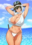  1girl aqua_eyes armpits arms_behind_head arms_up bikini brabustersystem breasts brown_hair cleavage erect_nipples heart-shaped_pupils huge_breasts looking_at_viewer navel ocean shiny_skin short_hair solo swimsuit symbol-shaped_pupils 
