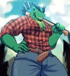  anthro axe belt clothed clothing dragon horn looking_at_viewer male melee_weapon muscular muscular_male outside solo soraa standing weapon 