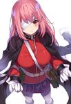  bandage_over_one_eye belt between_breasts black_skirt breasts closed_mouth commentary_request fate/grand_order fate_(series) florence_nightingale_(fate/grand_order) gendo0032 gloves gun jacket_on_shoulders long_hair looking_at_viewer looking_up military military_uniform one_eye_covered pantyhose pink_hair pleated_skirt red_eyes simple_background skirt solo strap_cleavage uniform weapon white_background white_gloves 