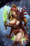  artist_name blonde_hair blood_elf breasts cape cleavage dual_wielding elf green_eyes hair_tubes high_ponytail holding hood long_hair medium_breasts plant pointy_ears reverse_grip sam_delatore signature solo tree valeera_sanguinar warcraft world_of_warcraft 