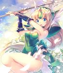  :o armpits blonde_hair blue_eyes bow breasts bridal_gauntlets cleavage commentary_request dress forehead_jewel from_side green_bow green_dress hair_bow hair_intakes head_wings headgear highres hirano_katsuyuki holding holding_weapon long_hair looking_to_the_side low-tied_long_hair open_mouth pauldrons petals polearm riesz seiken_densetsu seiken_densetsu_3 small_breasts solo spear thighs very_long_hair weapon 