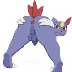 2017 anthro anus backsack balls blue_fur butt claws digital_media_(artwork) fangs feathers firebadger flaccid fur looking_at_viewer looking_back male nintendo nude penis pok&eacute;mon presenting presenting_anus presenting_hindquarters rear_view red_eyes red_feathers simple_background smile sneasel solo spread_butt spread_legs spreading standing tail_feathers teeth tongue tongue_out uncut video_games 