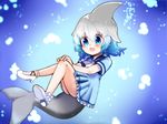  :d air_bubble ankle_lace-up blue_eyes blue_hair blush bubble choker commentary common_bottlenose_dolphin_(kemono_friends) cross-laced_footwear dolphin_tail dress fins frilled_dress frills gradient_eyes gradient_hair grey_hair hands_on_own_knee jpeg_artifacts kemono_friends knees_together_feet_apart looking_away multicolored multicolored_eyes multicolored_hair neckerchief open_mouth ribbon sailor_collar sailor_dress shoe_ribbon shoe_soles short_hair short_sleeves smile solo submerged tail tareme tsuruten two-tone_hair underwater water white_footwear white_neckwear white_ribbon 