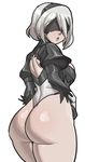  ass back_cutout black_gloves black_hairband blindfold covered_eyes from_behind gloves hairband highres juliet_sleeves leotard lips long_sleeves looking_back maniacpaint nier_(series) nier_automata puffy_sleeves silver_hair solo thick_thighs thighs white_leotard yorha_no._2_type_b 