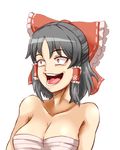  :d bangs bare_shoulders black_hair bow breasts cleavage collarbone commentary_request constricted_pupils cookie_(touhou) enperuto_(yarumi) eyebrows_visible_through_hair frilled_bow frills gesugao hair_bow hair_tubes hakurei_reimu manatsu_no_yo_no_inmu medium_breasts open_mouth parody red_bow sananana sarashi sidelocks smile solo tongue touhou transparent_background upper_body yellow_eyes 