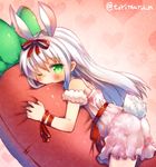  1girl animal_ears ass blush bunny_ears bunny_tail female green_eyes hair_ribbon hiyoko_(chick&#039;s_theater) long_hair nightgown one_eye_closed solo tail twitter_username white_hair 