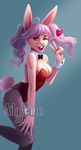  &lt;3 2017 ailaanne anthro bow_tie breasts clothed clothing corset female hair lagomorph legwear lingerie mammal one_eye_closed pantyhose pink_hair rabbit red_eyes shirt_cuffs simple_background smile solo v_sign wink 
