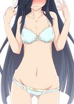  ass_visible_through_thighs bare_shoulders black_hair blue_bra blue_panties blush bow bow_bra bow_panties bra cowboy_shot embarrassed full-face_blush grimace groin hands_up hayashimo_(kantai_collection) head_out_of_frame highres hip_bones kantai_collection long_hair lowleg lowleg_panties navel panties ru2n131 sidelocks simple_background solo sweat underwear underwear_only very_long_hair w_arms white_background 