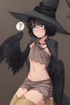  ? bangs black_hair black_wings blue_eyes blunt_bangs brown_background cape collarbone confused dark_souls_iii feathered_wings feathers groin harpy hat highres iwbitu-sa looking_up midriff monster_girl navel personification petite pickle_pee_pump-a-rum_crow rags scales short_hair simple_background solo souls_(from_software) spoken_question_mark winged_arms wings witch_hat 