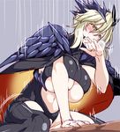  846-gou armor artoria_pendragon_(all) artoria_pendragon_(lancer_alter) blonde_hair blush braid breasts clenched_teeth convenient_leg cowgirl_position fate/grand_order fate_(series) french_braid girl_on_top heavy_breathing implied_sex large_breasts motion_lines navel open_mouth sex short_hair solo_focus straddling teeth underboob yellow_eyes 