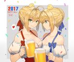  2girls ahoge alcohol animal animal_on_head artoria_pendragon_(all) asymmetrical_docking bare_shoulders beer beer_mug bird blonde_hair blouse bodice breast_press breasts chick cleavage confetti cup dirndl drinking_glass face-to-face fate/extra fate/stay_night fate_(series) german_clothes green_eyes grey_background hair_bun hair_ribbon happy_new_year heart highres holding holding_cup looking_at_another looking_at_viewer matching_outfit medium_breasts mizu_(dl7613) multiple_girls nero_claudius_(fate) nero_claudius_(fate)_(all) new_year off_shoulder on_head revision ribbon saber short_hair short_sleeves smile spoken_heart typo underbust upper_body white_blouse 