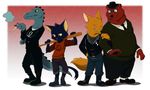  2017 ambiguous_gender angus_(nitw) anthro bea_(nitw) bear canine cat clothed clothing crocodile crocodilian digital_media_(artwork) eyewear feline female fox fur glasses gregg_(nitw) hat mae_(nitw) male mammal night_in_the_woods pokelai reptile scalie simple_background smoking 