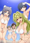  5girls beach bikini blonde_hair blue_eyes blue_hair blush breasts brown_hair embarrassed eyes_closed green_eyes large_breasts looking_at_viewer minori_(senran_kagura) multiple_girls murakumo_(senran_kagura) ponpo rainbow red_eyes senran_kagura shiki_(senran_kagura) short_hair smile sunglasses tagme water yozakura_(senran_kagura) yumi_(senran_kagura) 