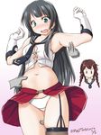  agano_(kantai_collection) armpits belly_grab black_hair black_legwear braid brown_hair gloves green_eyes kantai_collection long_hair multiple_girls noshiro_(kantai_collection) panties pantyshot pantyshot_(standing) pinching plump single_thighhigh skirt standing tatsumi_ray thighhighs twin_braids undersized_clothes underwear weight_conscious white_panties 