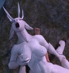  2016 ambiguous_gender anthro antlers areola breasts duo eyes_closed female female/ambiguous fur hand_on_breast hattonslayden hooves horn human human_on_anthro interspecies mammal navel nipples nude open_mouth solo_focus suggestive teeth white_fur white_nipples 