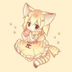  :o animal_ears bare_shoulders black_ribbon blonde_hair blush bow bowtie brown_eyes cat_ears cat_girl cat_tail chibi elbow_gloves eyebrows_visible_through_hair eyelashes food frilled_skirt frills full_body gloves holding holding_food japari_bun japari_symbol kemono_friends konno_(pixiv_23416142) looking_at_viewer multicolored_hair no_nose open_mouth orange_background outline paw_print ribbon sand_cat_(kemono_friends) shirt short_hair simple_background skirt sleeveless sleeveless_shirt solo streaked_hair striped_tail tail triangle_mouth white_shirt 