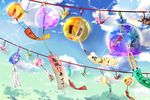  cherry_blossoms cloud day fish flower gradient_sky kashi_kosugi koi leaf lens_flare no_humans origami original outdoors paper_crane plant scenery sky sunlight translation_request wind wind_chime wind_chime_focus 